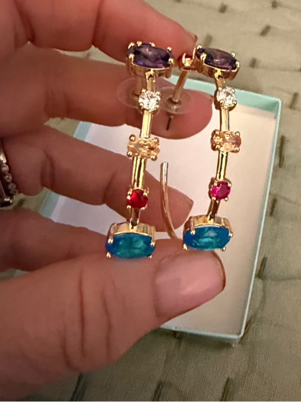 Gold Hoop Earrings with Multicolor Gem Accents - Picture 2 of 2